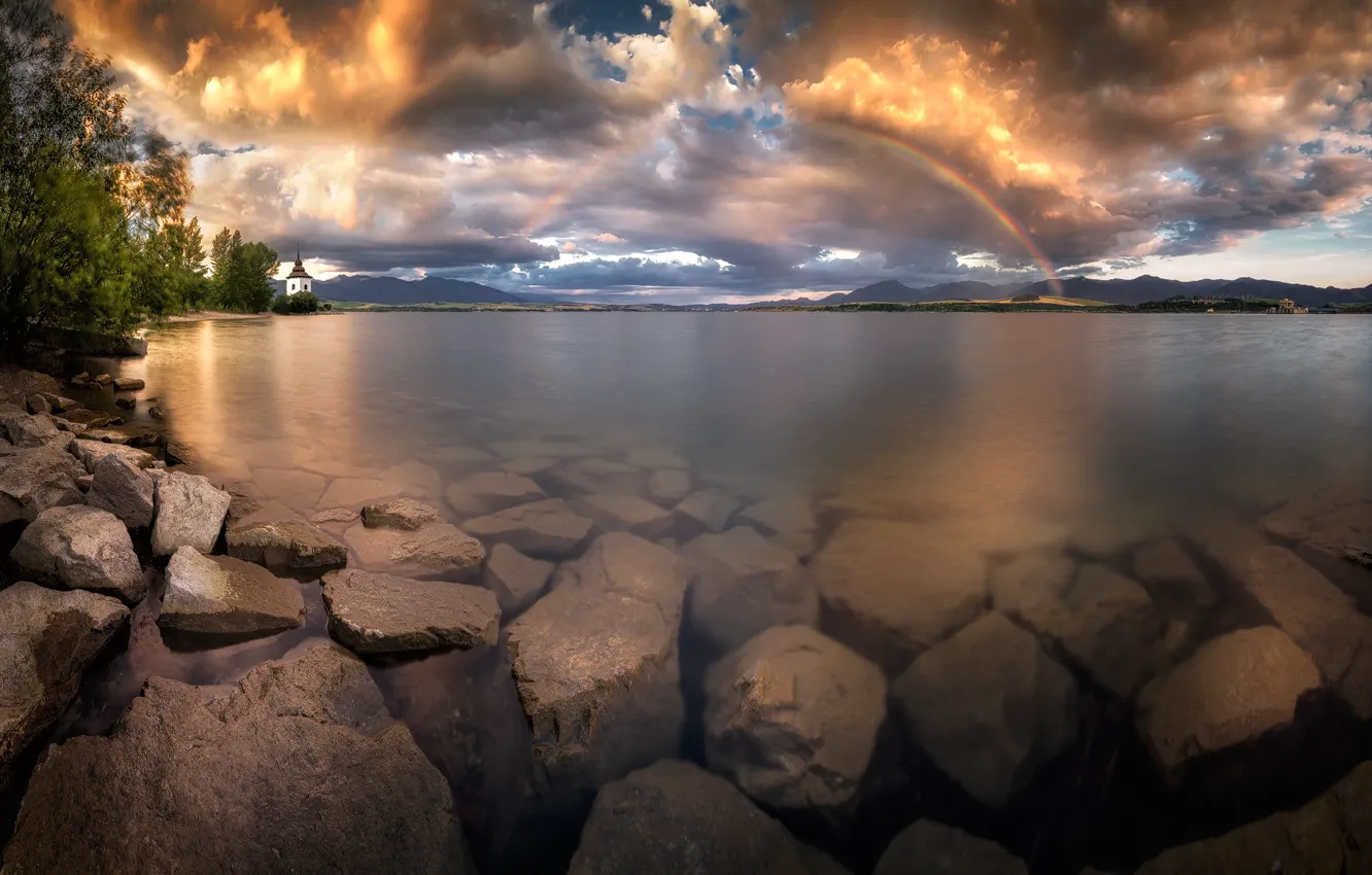 Photo wallpaper landscape, clouds, nature, river, stones, rainbow, the bottom, Slovakia