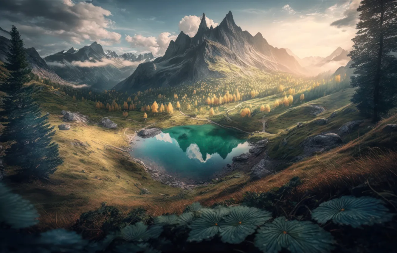 Photo wallpaper autumn, forest, light, landscape, mountains, nature, fog, lake