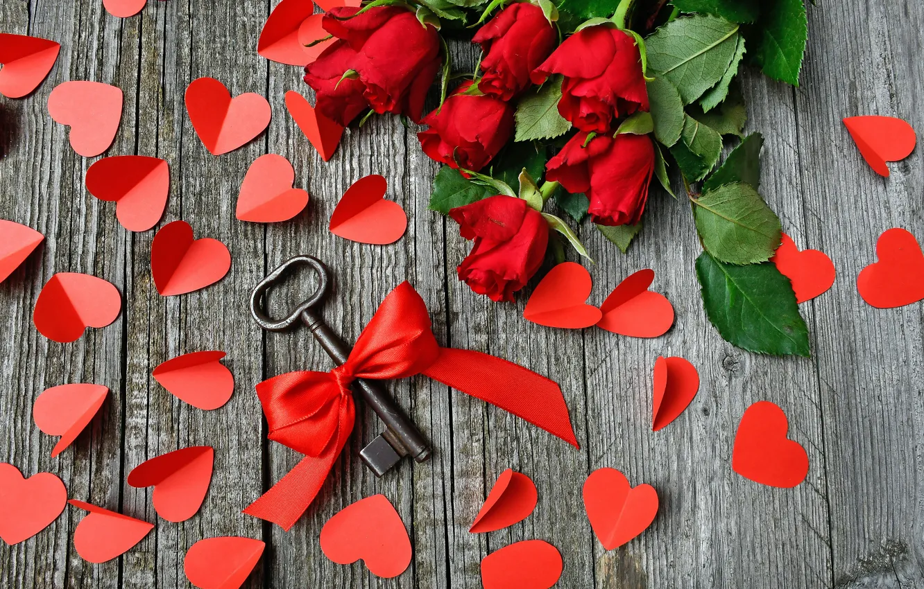 Photo wallpaper leaves, flowers, red, bright, heart, Board, roses, bouquet