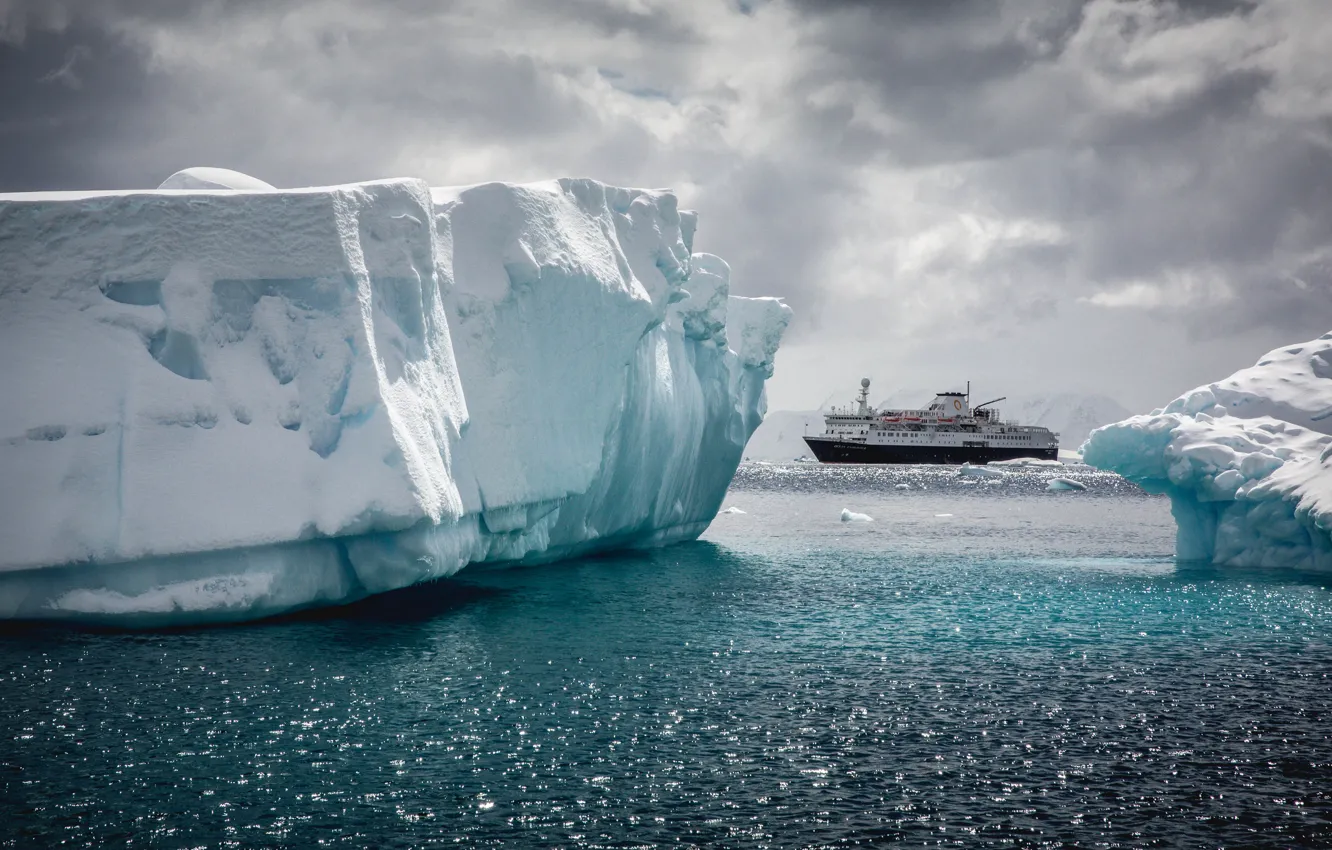 Photo wallpaper Winter, The ocean, Sea, Liner, Ice, Iceberg, The ship, Ice