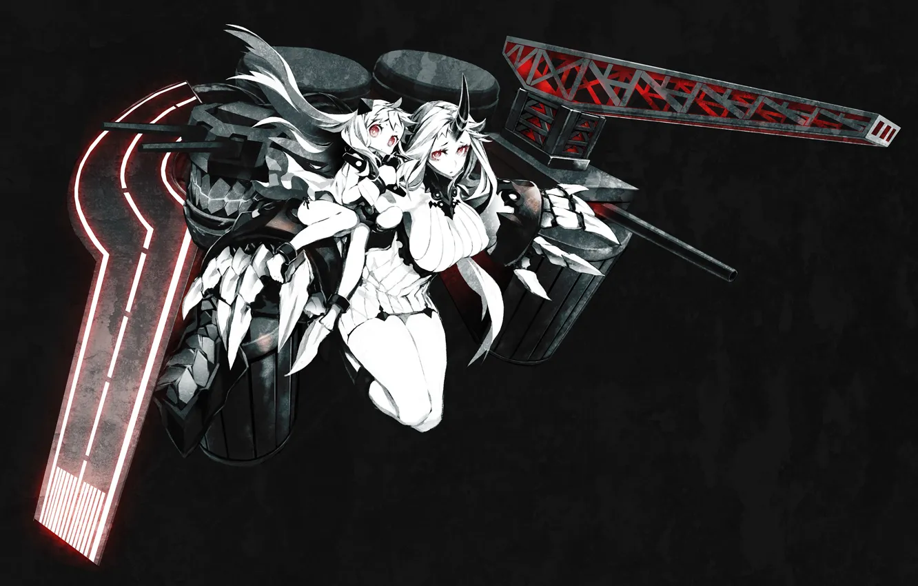 Photo wallpaper void, depth, power, horns, gun, red eyes, kantai collection, Seaport Hime