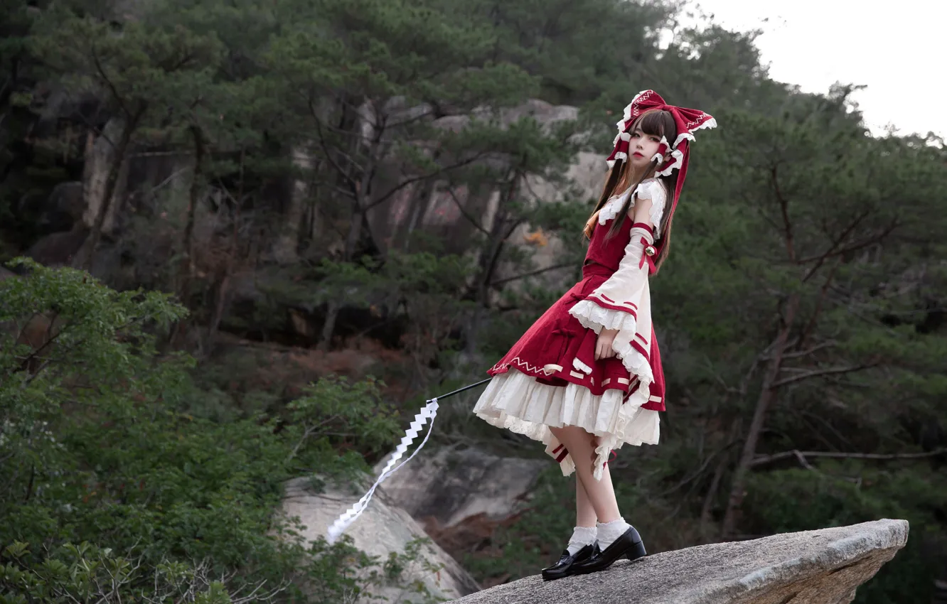 Photo wallpaper forest, trees, Asian, beautiful girl, nature, boulder, in full growth