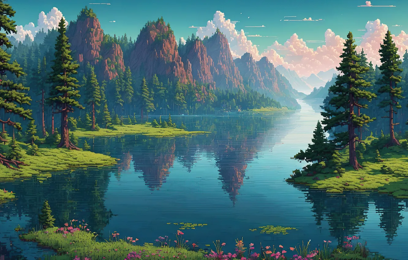Photo wallpaper water, trees, mountains, pixels