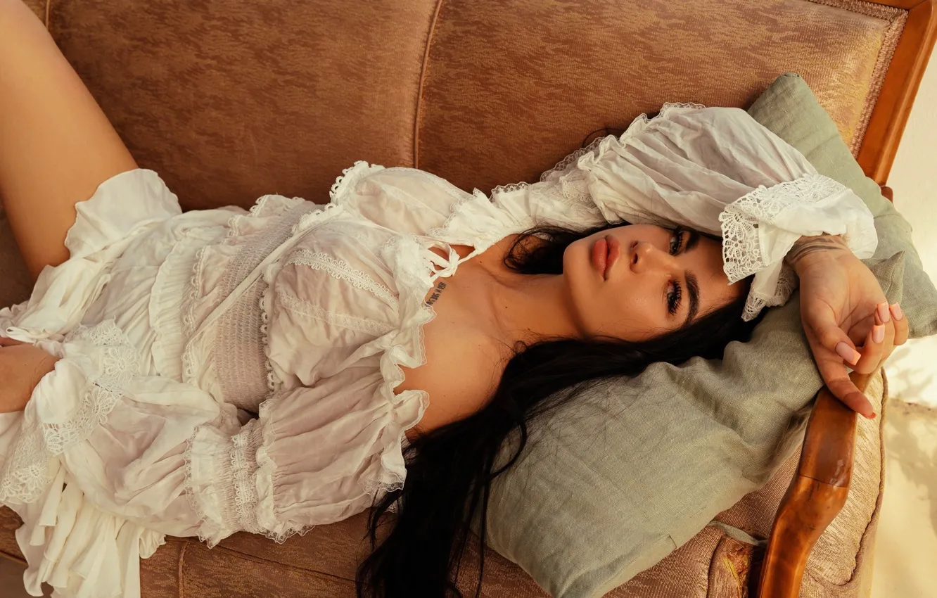 Photo wallpaper dress, beautiful, model, tattoo, women, brunette, couch, white dress