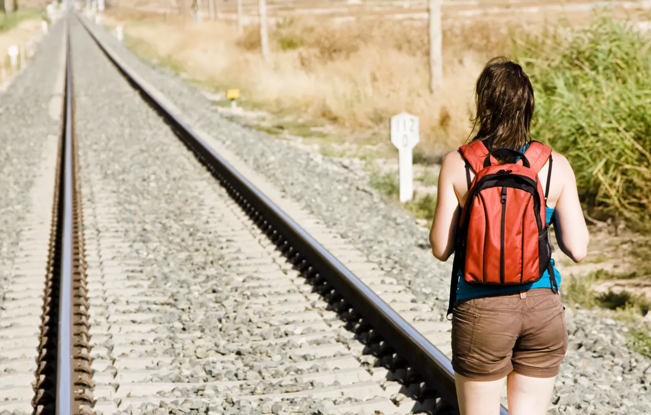 Photo wallpaper girl, the way, railroad, backpack