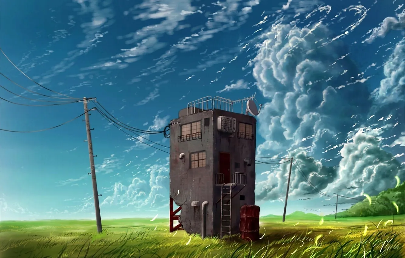 Photo wallpaper field, grass, clouds, landscape, wire, building, art, power lines