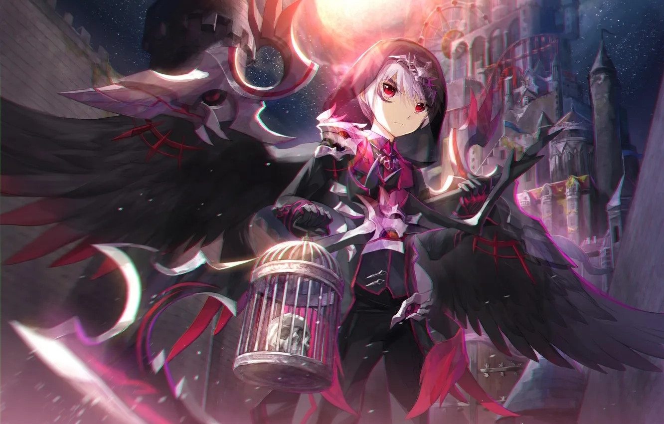 Photo wallpaper the moon, skull, wings, cell, anime, art, hood, guy