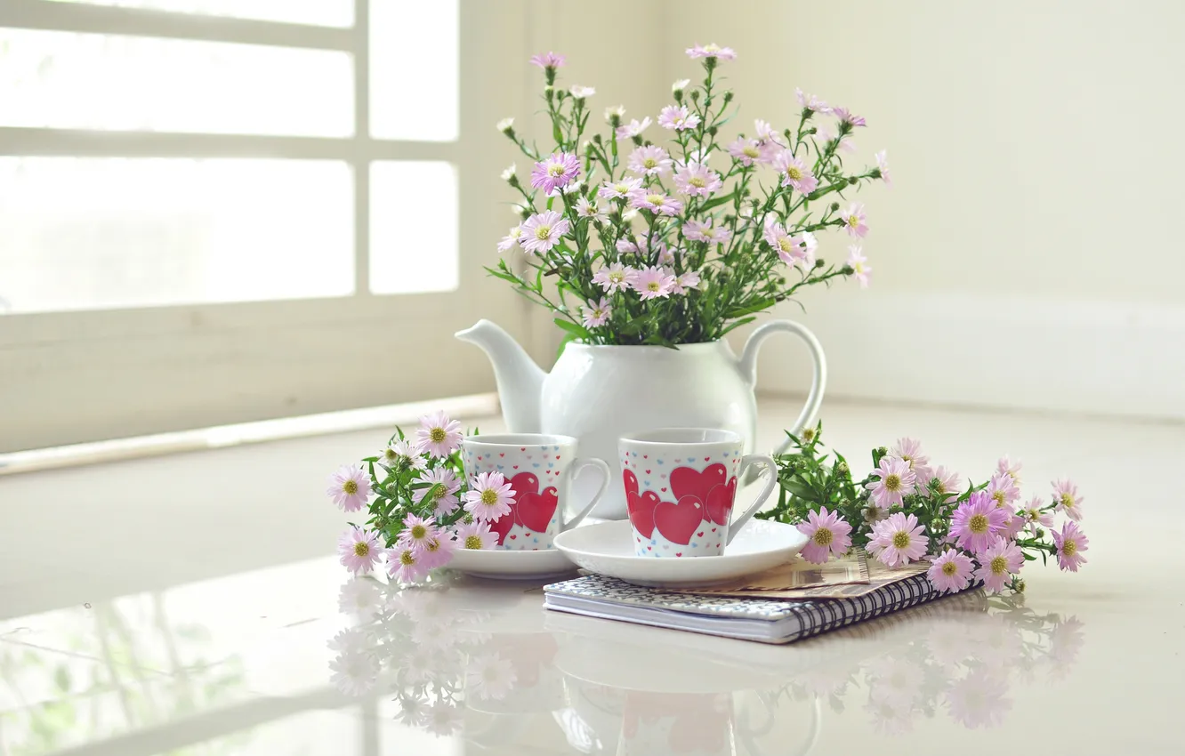 Photo wallpaper flowers, Notepad, tea set