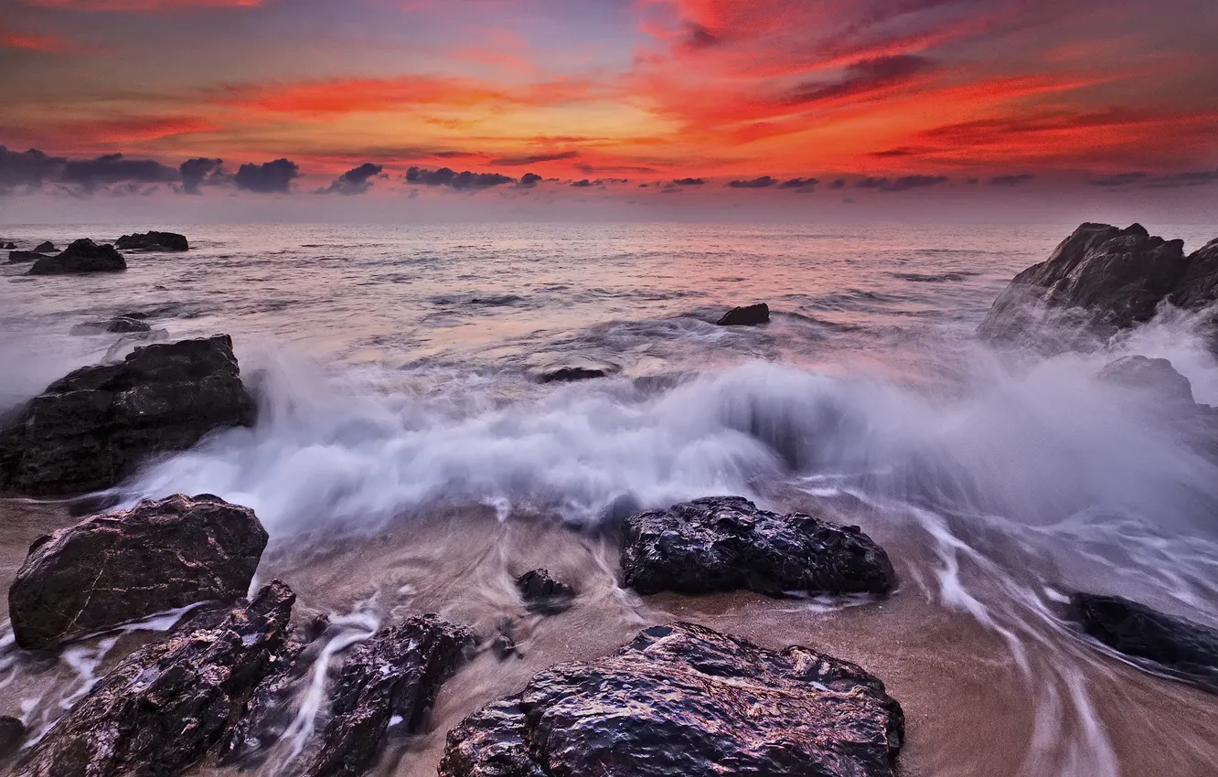 Photo wallpaper sea, wave, beach, sunset, red, stones