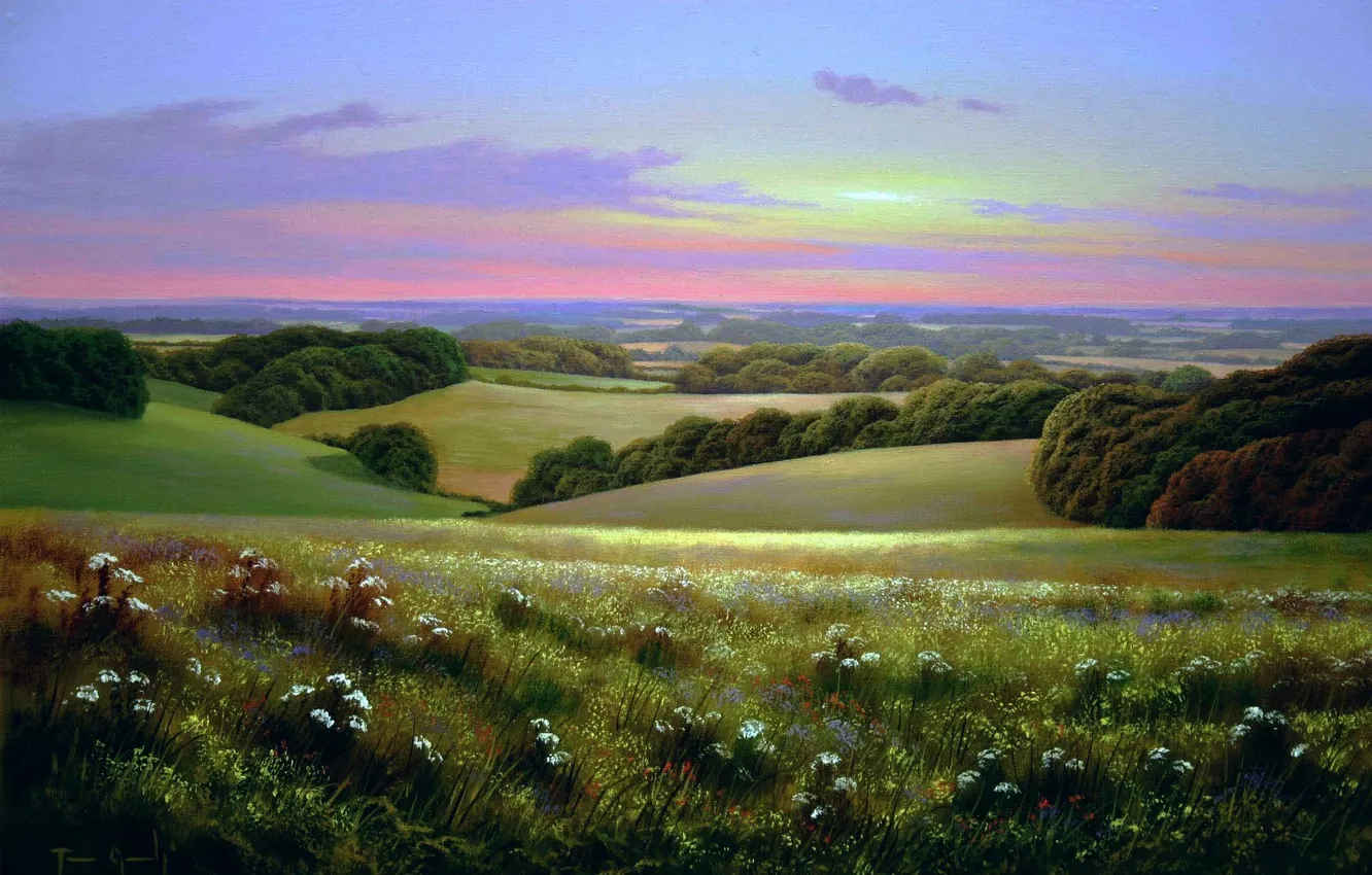 Photo wallpaper landscape, sunset, glade, the evening, valley, meadow, painting, Terry Grundy