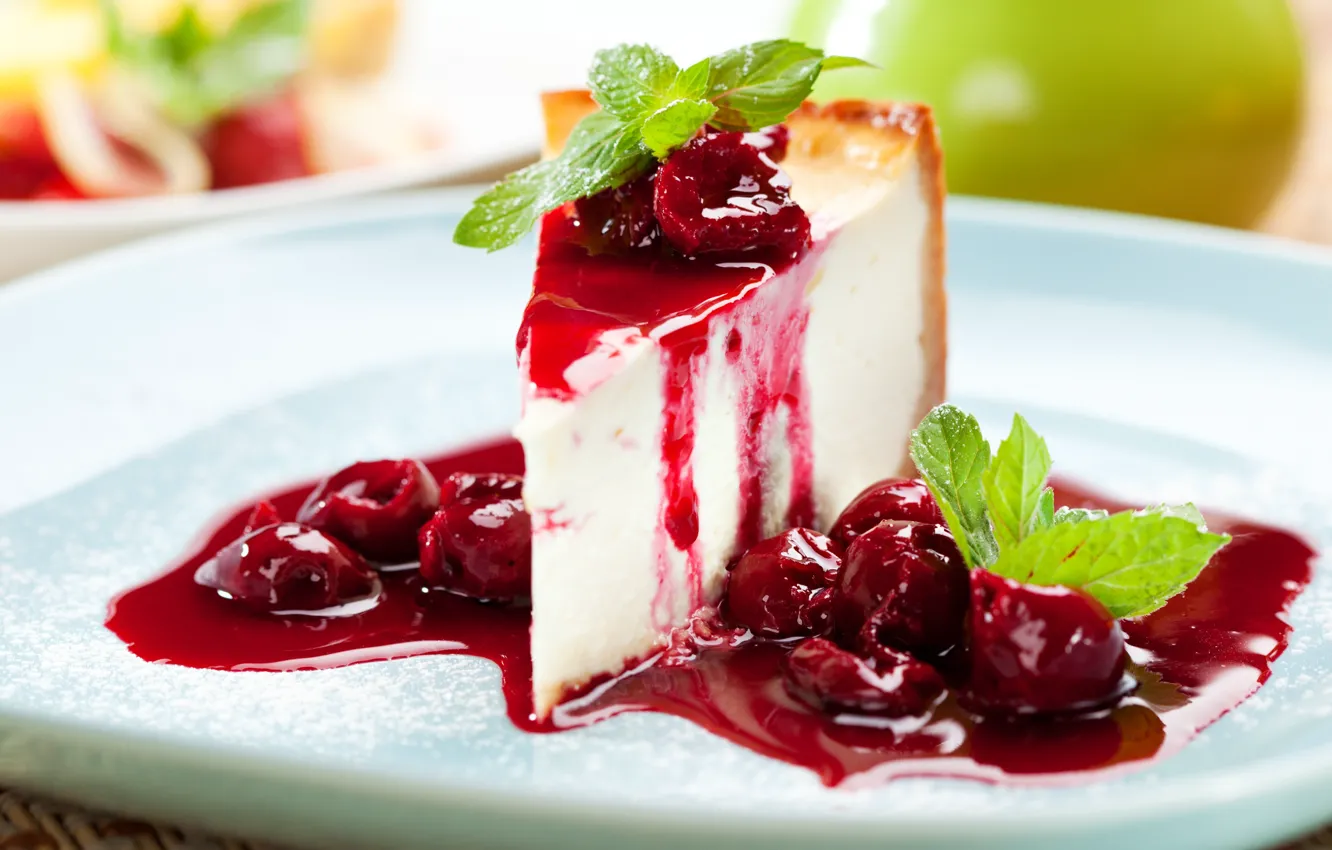 Photo wallpaper cherry, cake, dessert, jam, sweet, cheesecake