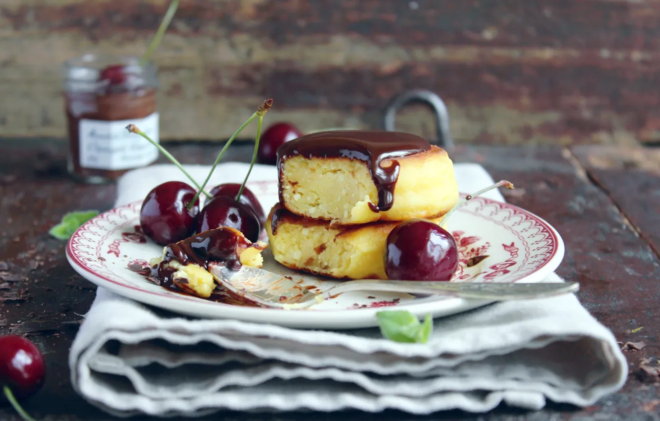 Photo wallpaper cherry, food, chocolate, plate, dessert, cheesecakes