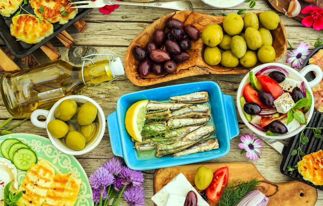 Photo wallpaper food, fish, vegetables, olives, salad, olives, appetizer, sprats