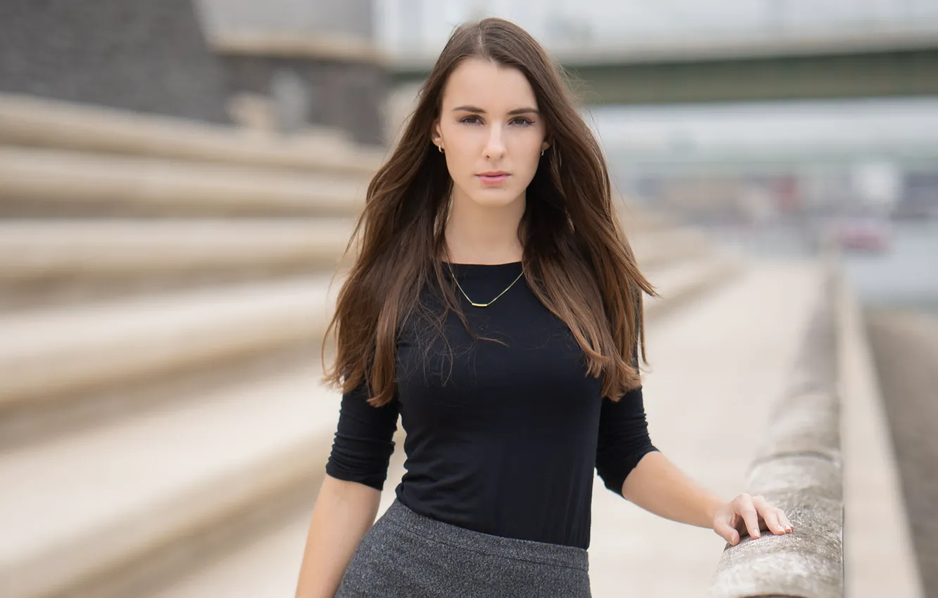 Photo wallpaper girl, brown hair, black dress, beatiful, lock, Stand