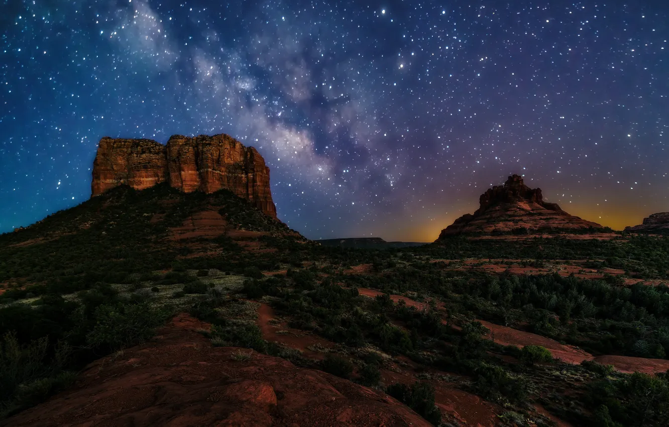 Photo wallpaper the sky, stars, mountains, night, rocks, vegetation, slope, canyon
