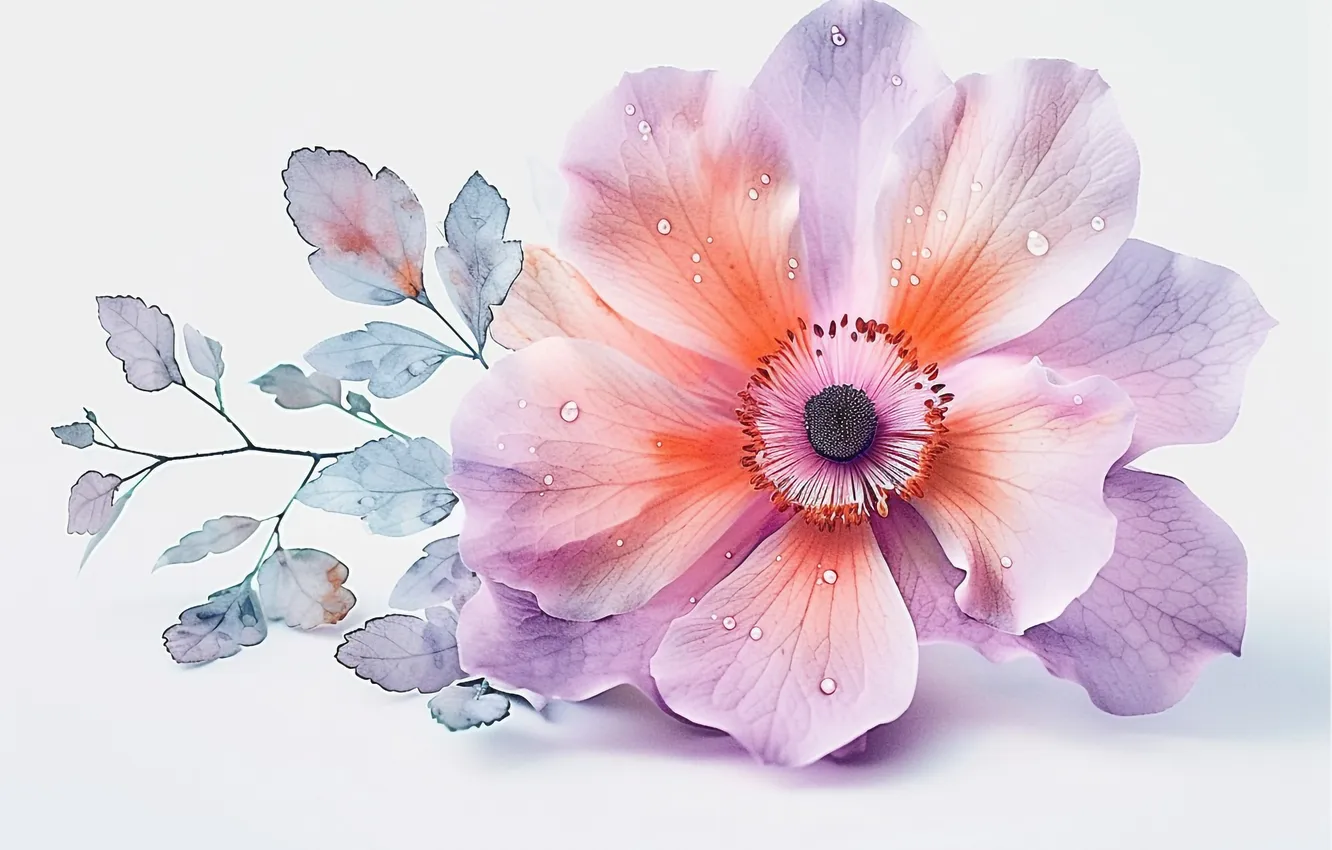 Photo wallpaper leaves, drops, macro, flowers, blur, petals, watercolor, light background