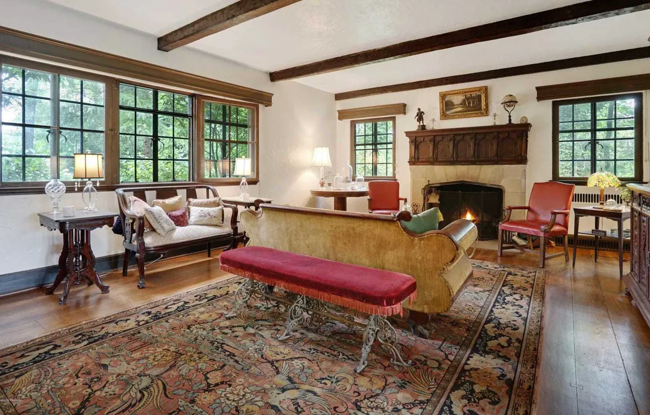 Photo wallpaper design, interior, fireplace, living room, New Jersey, Interlaken, colonial style, Interlaken