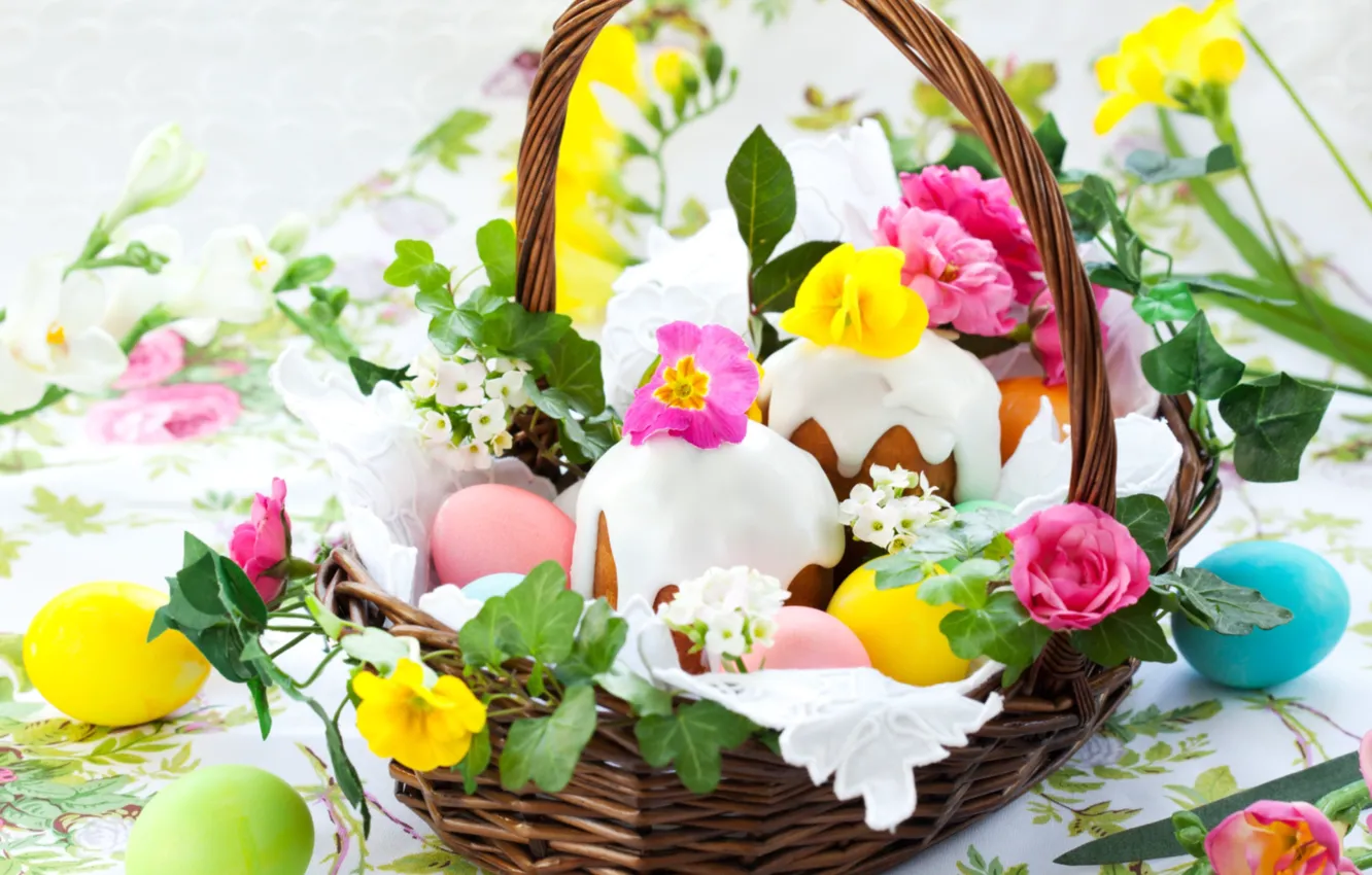 Photo wallpaper flowers, eggs, Easter, basket, cake, Primula