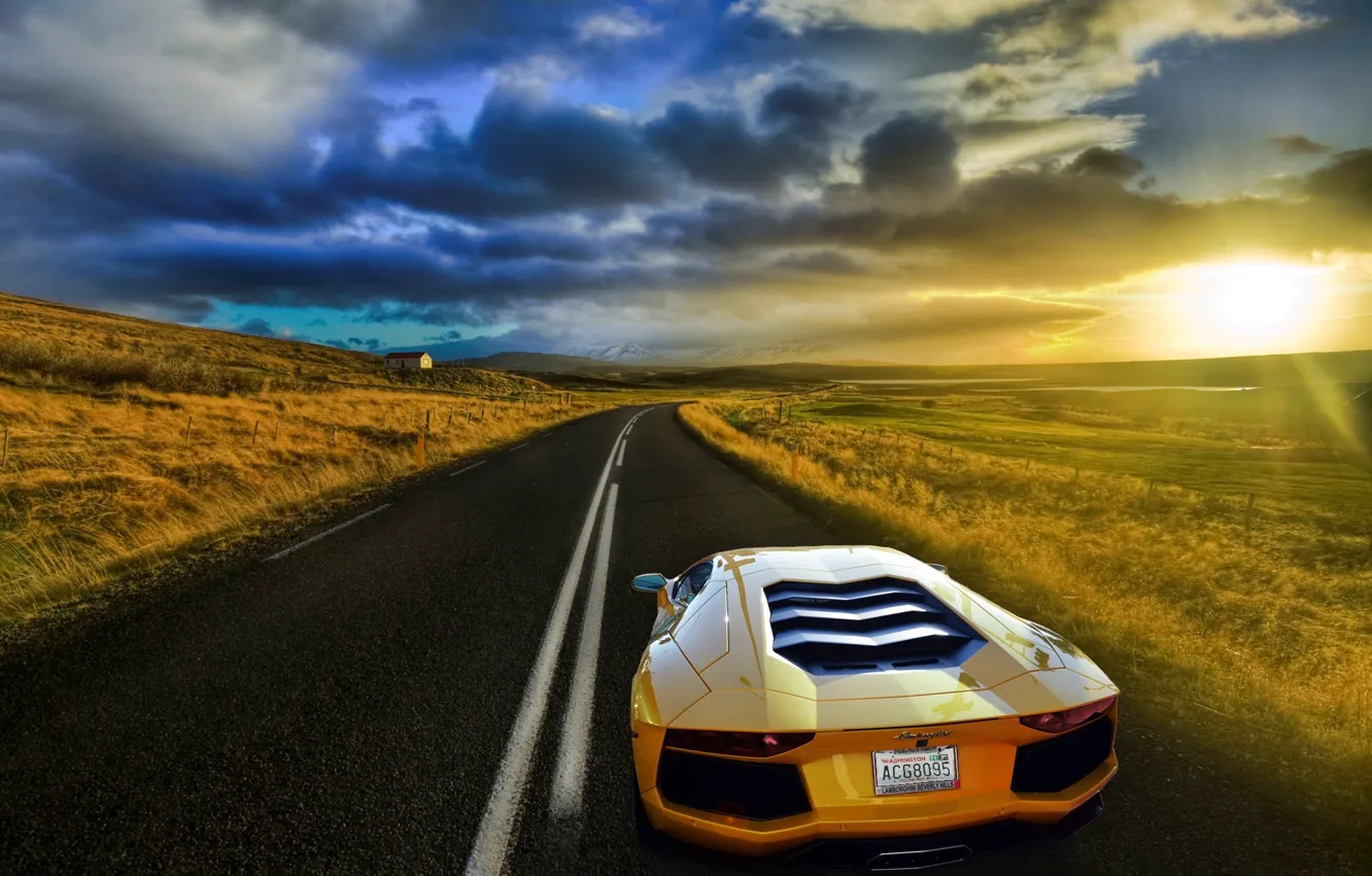 Photo wallpaper road, field, the sky, the sun, yellow, Lamborghini, Lamborghini, Blik