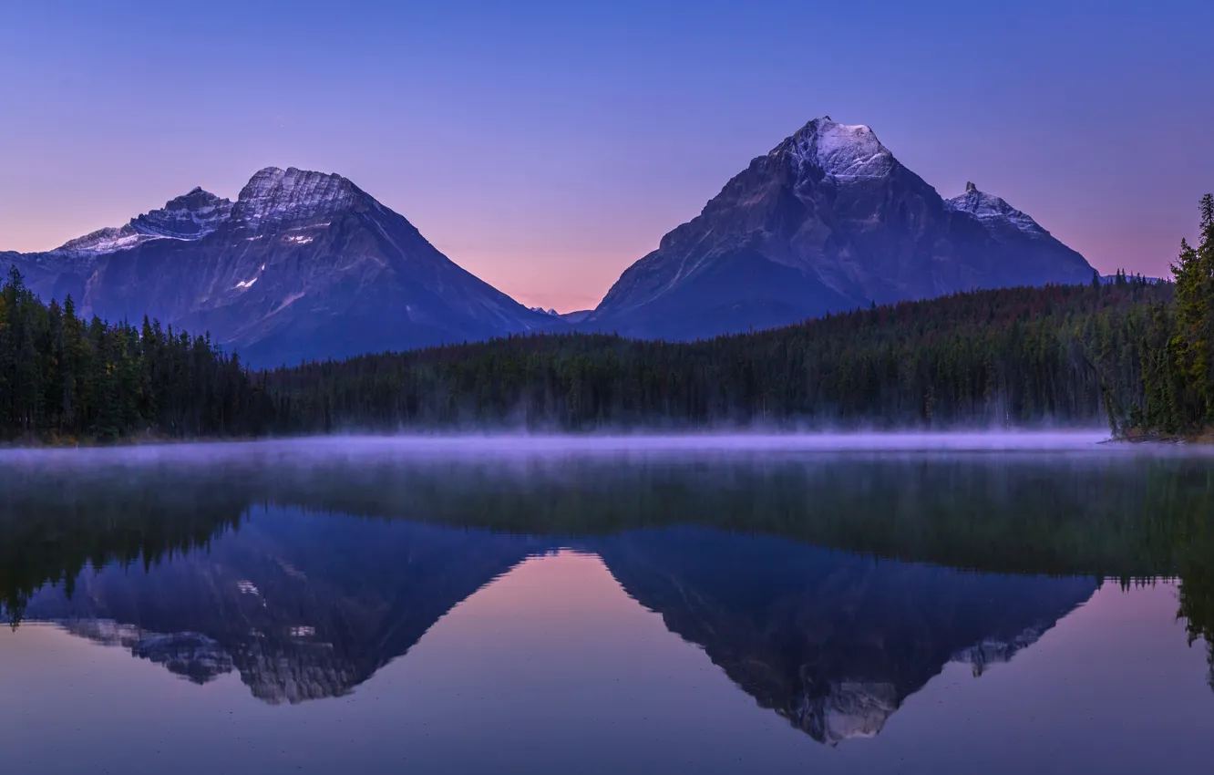 Photo wallpaper forest, sunset, mountains, lake, reflection, tops, Canada, Albert