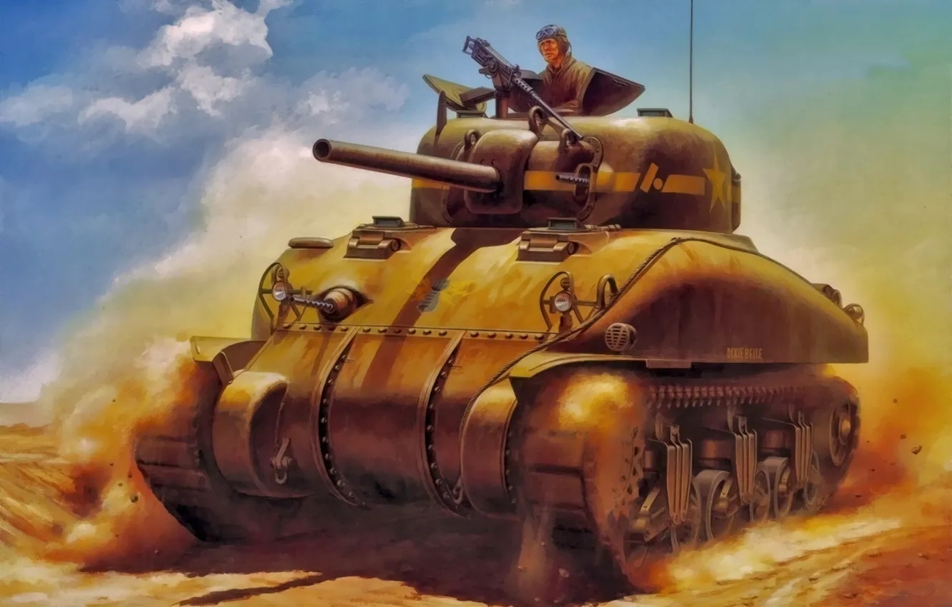 Photo wallpaper art, painting, tank, ww2, M4A1 Sherman