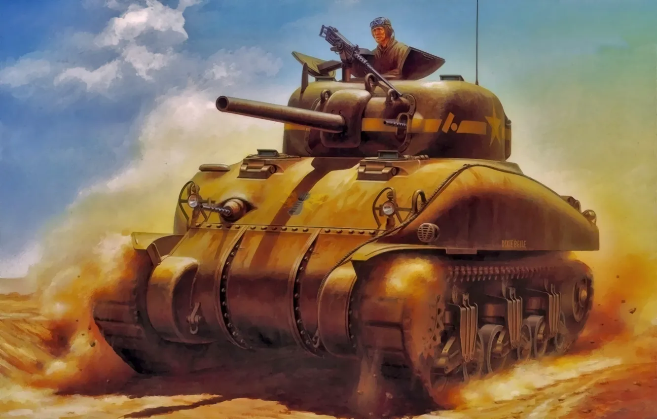 Photo wallpaper art, painting, tank, WW2, m4a1 Sherman