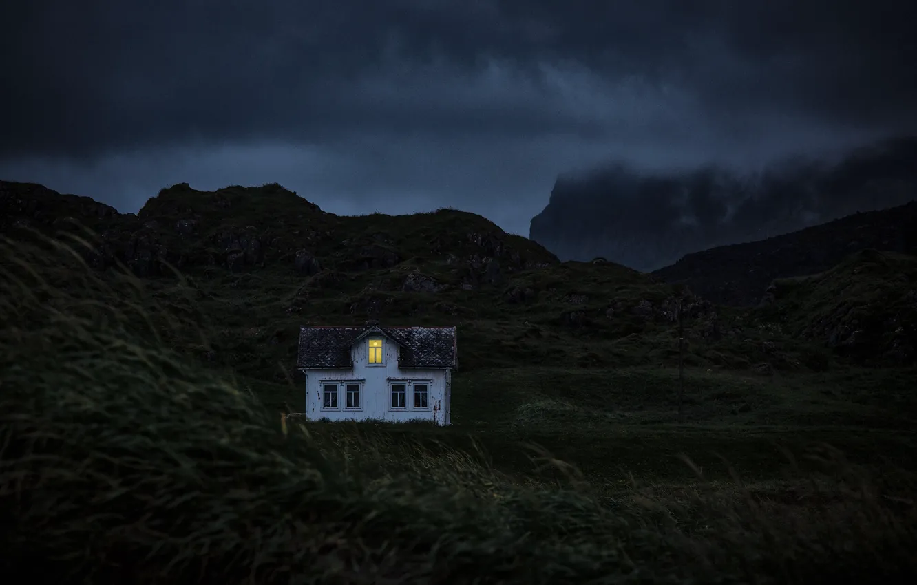 Photo wallpaper grass, light, landscape, night, home, window