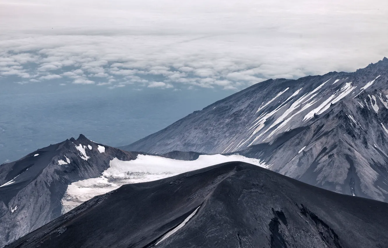 Photo wallpaper clouds, snow, mountains, nature, grey, tops, beauty, Russia