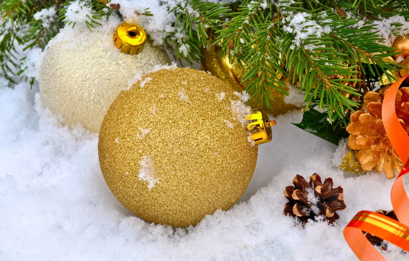Photo wallpaper winter, snow, holiday, balls, new year, spruce, branch, bumps