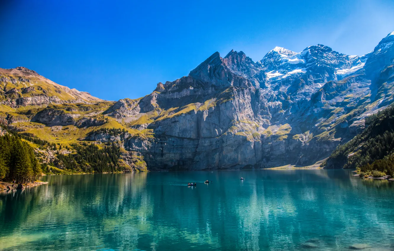 Photo wallpaper the sky, trees, mountains, lake, rocks, blue, boat, Switzerland