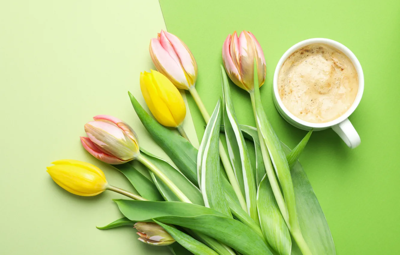 Photo wallpaper flowers, bouquet, tulips, yellow, pink, flowers, tulips, coffee cup