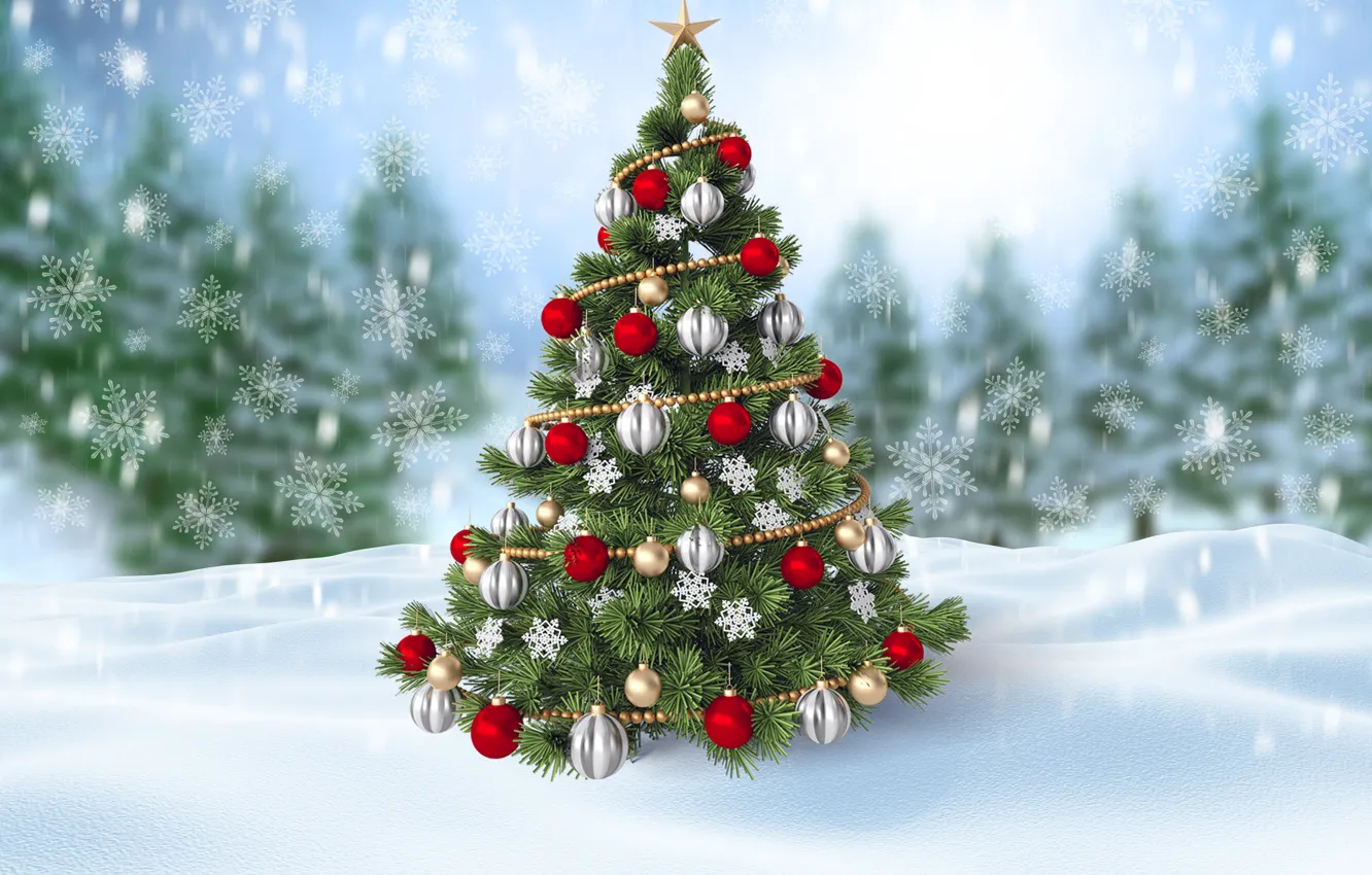 Photo wallpaper winter, snow, snowflakes, tree, New Year, Christmas, happy, Christmas