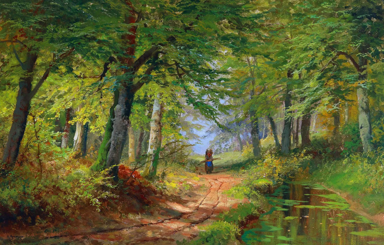 Photo wallpaper trees, picture, a woman, Alois Arnegger, Austrian painter, Alois Arnegger, Landscape with a walking woman