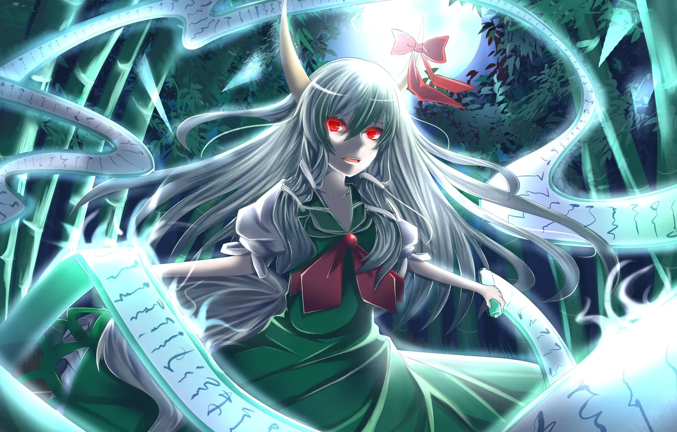 Photo wallpaper look, girl, the moon, horns, red eyes, touhou, art, scroll