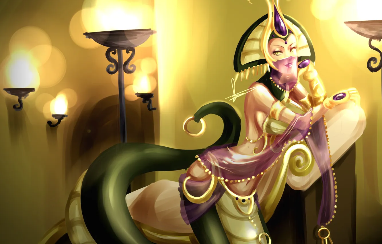 Photo wallpaper eyes, look, girl, snake, lighting, ring, art, tail