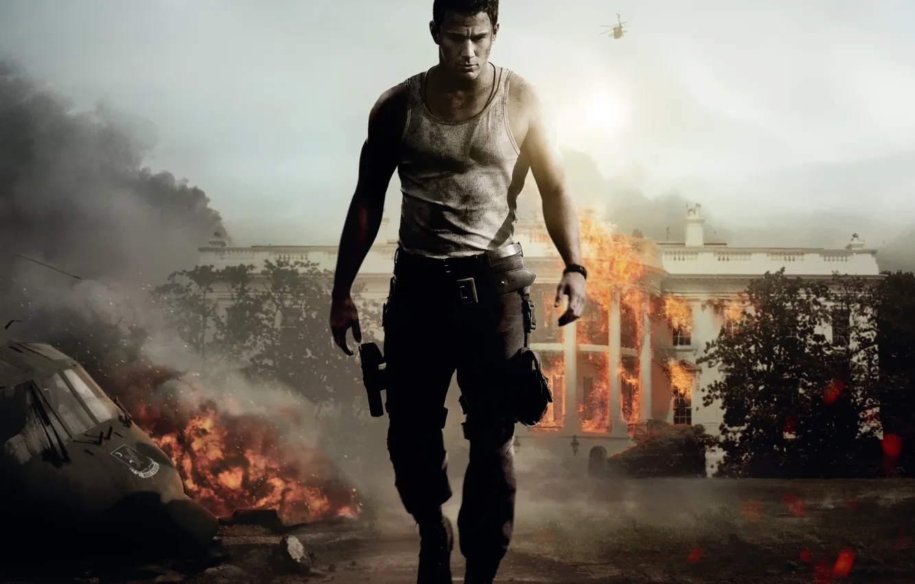 Photo wallpaper fire, gun, Action, man, movie, helicopter, danger, film