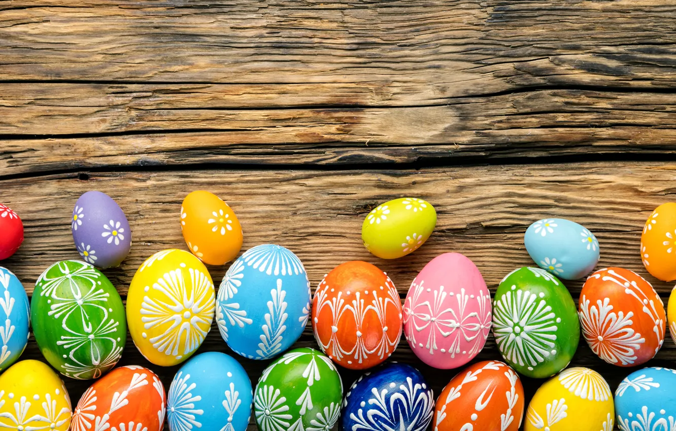 Photo wallpaper colorful, Easter, happy, wood, spring, Easter, eggs, holiday