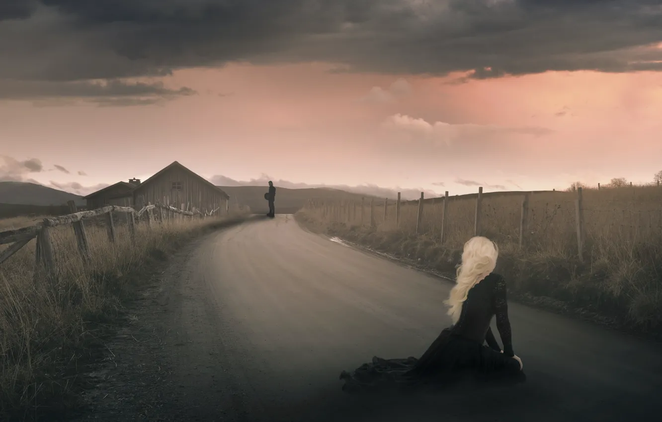 Photo wallpaper road, field, look, girl, clouds, pose, fog, rendering