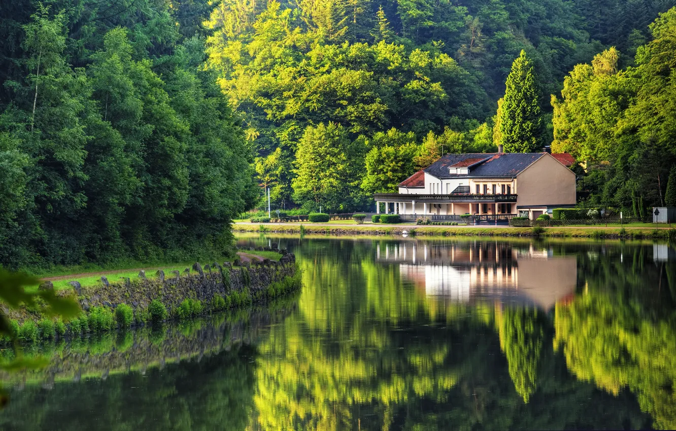 Photo wallpaper summer, trees, nature, house, reflection, river, Germany