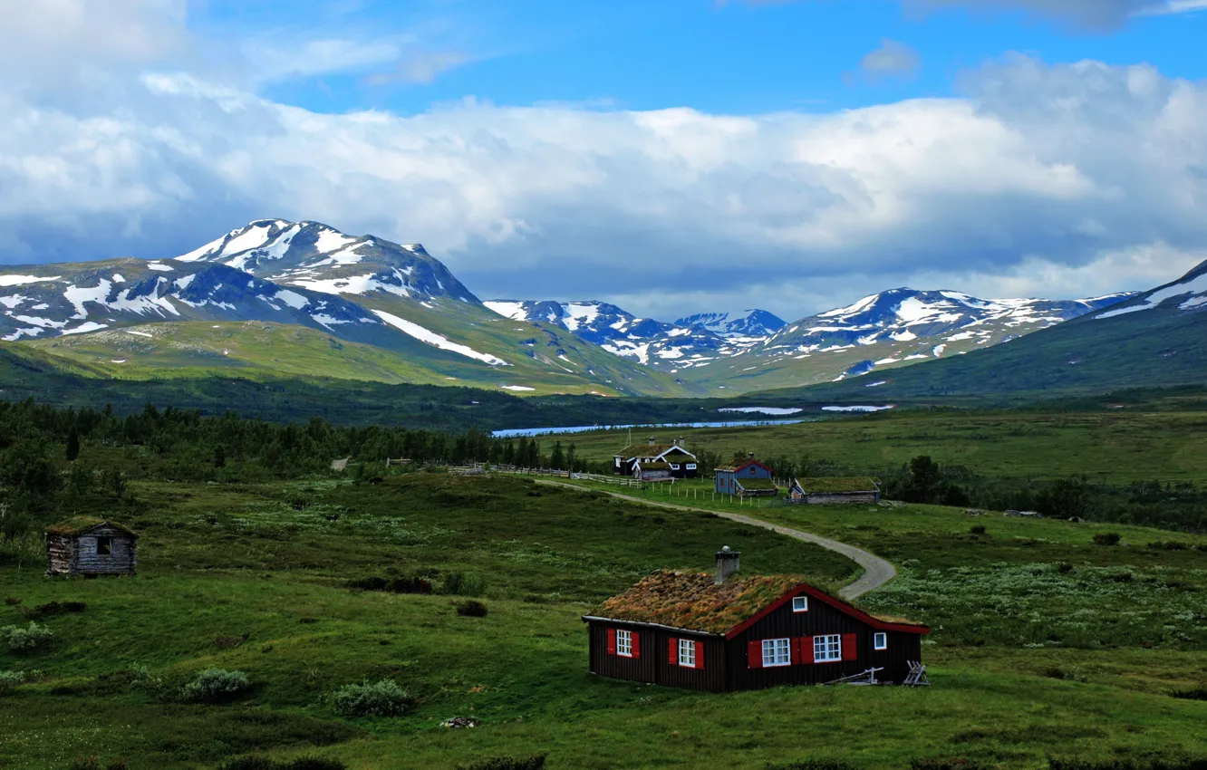 Photo wallpaper road, the sky, clouds, mountains, house