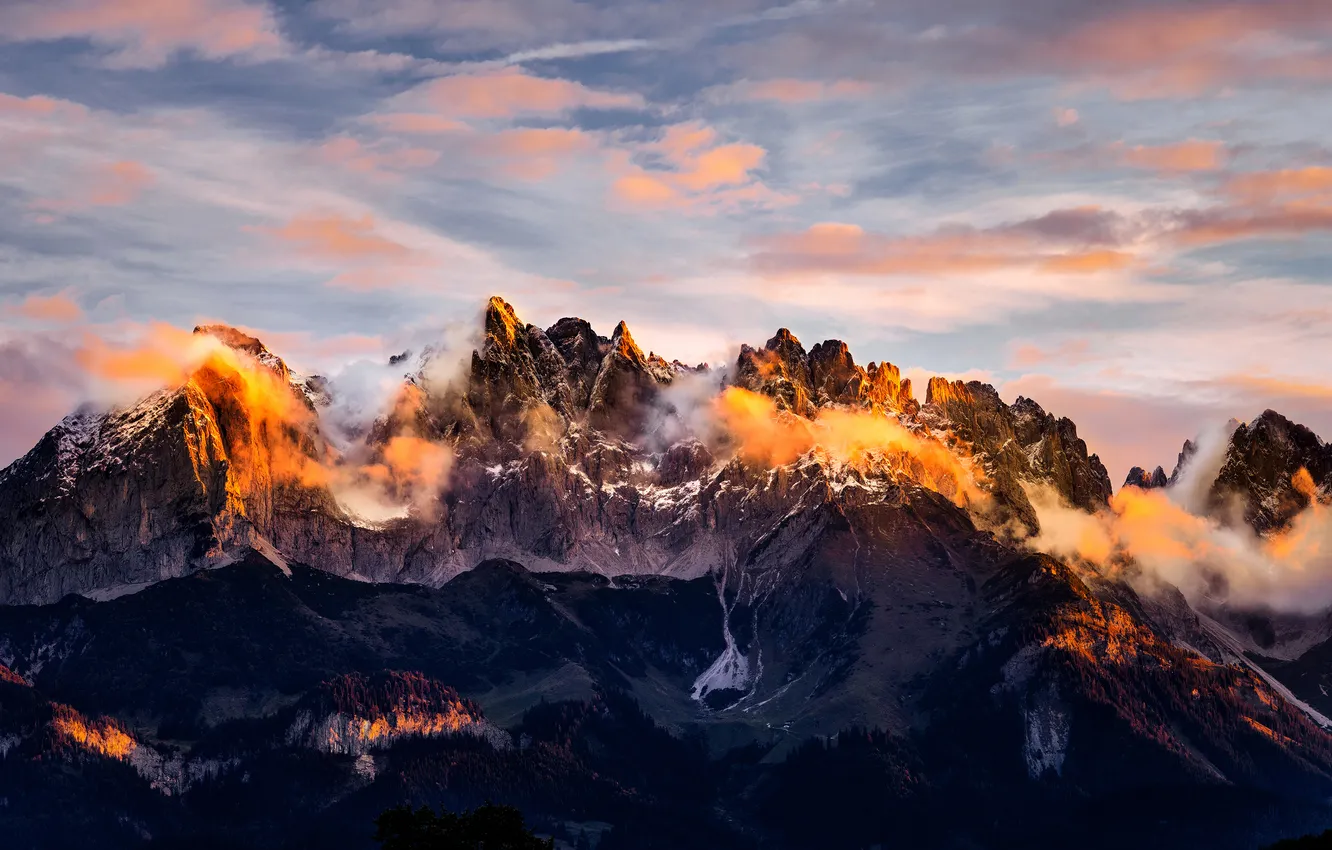Photo wallpaper the sky, clouds, light, mountains, tops, morning