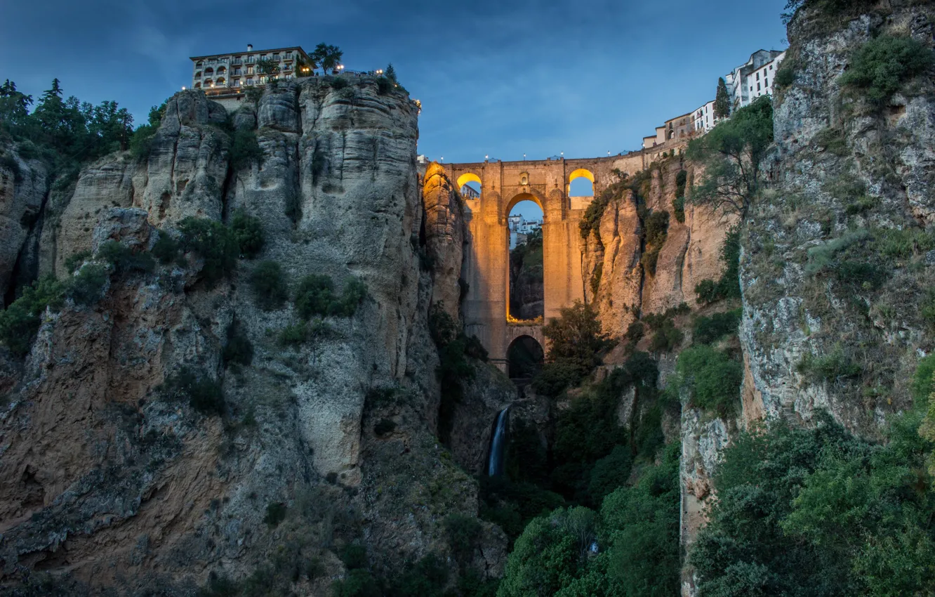 Photo wallpaper landscape, bridge, nature, the city, rocks, the evening, gorge, Spain