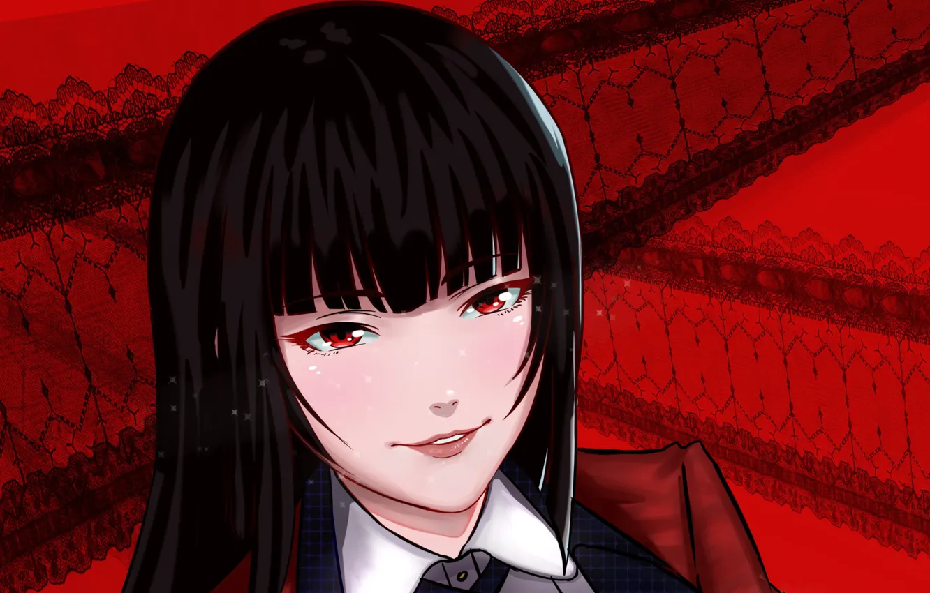 Photo wallpaper red, girl, anime, red eyes, face, japanese, bishojo, Kakegurui