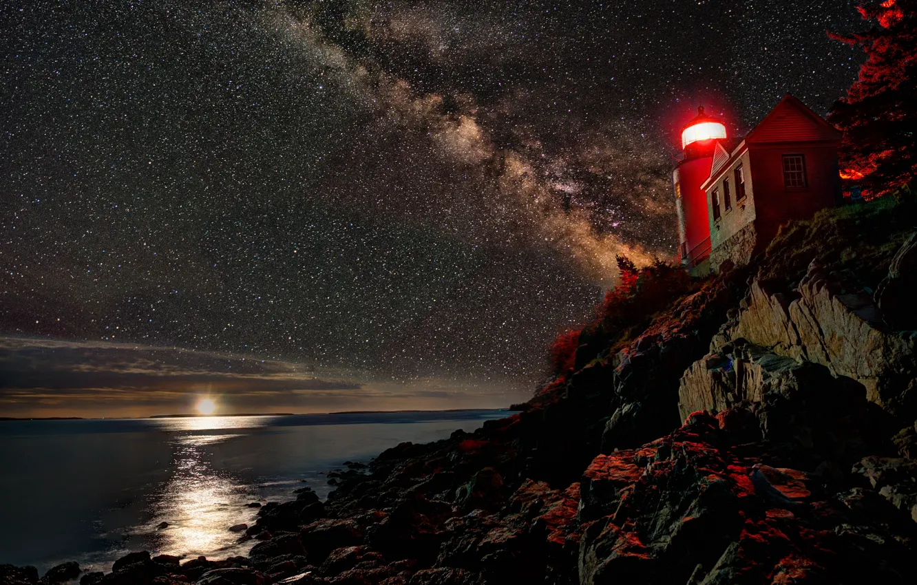 Photo wallpaper sea, stars, light, night, stones, rocks, shore, lighthouse