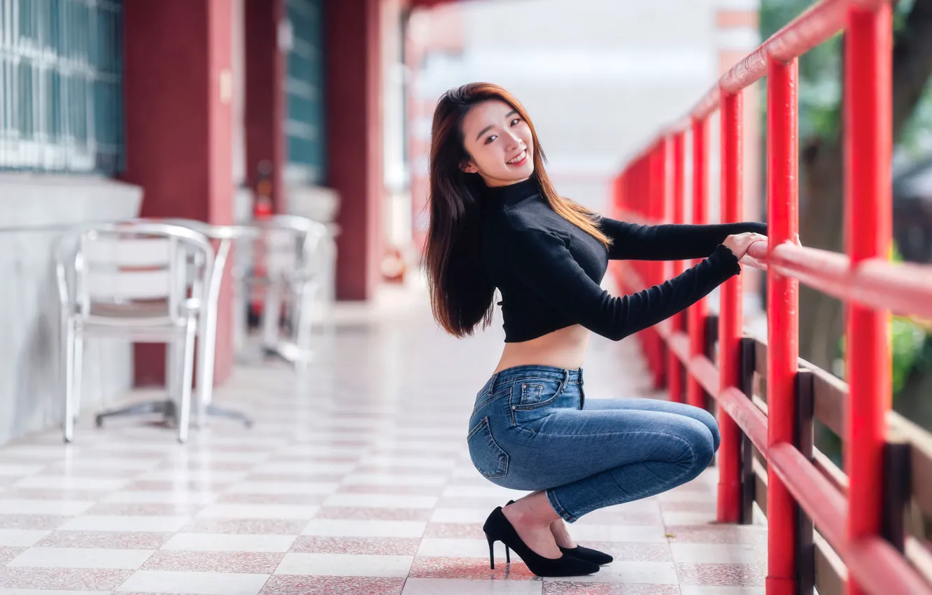 Photo wallpaper look, pose, model, portrait, jeans, makeup, figure, hairstyle