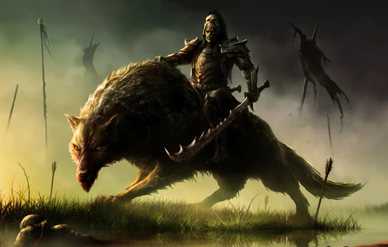 Photo wallpaper Fantasy, Art, Warrior, Wolf, Orc Rider, Warchief