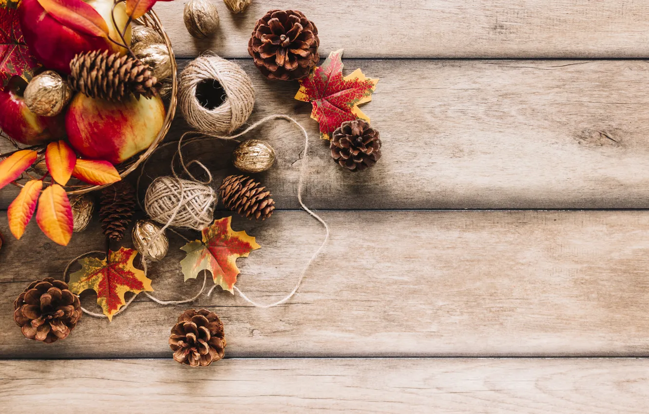 Photo wallpaper autumn, leaves, trees, background, apples, colorful, fruit, nuts