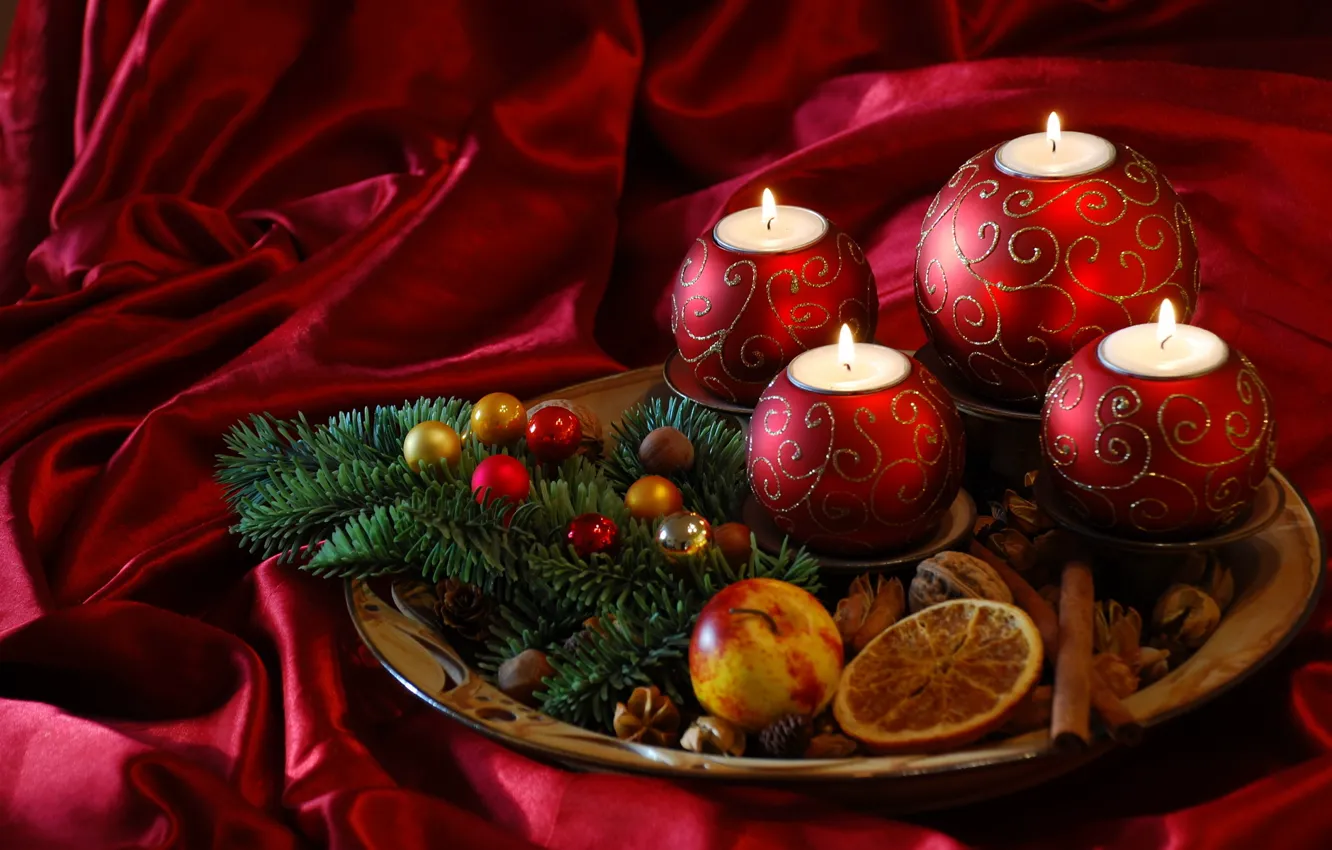 Photo wallpaper fire, flame, holiday, tree, new year, candles, new year