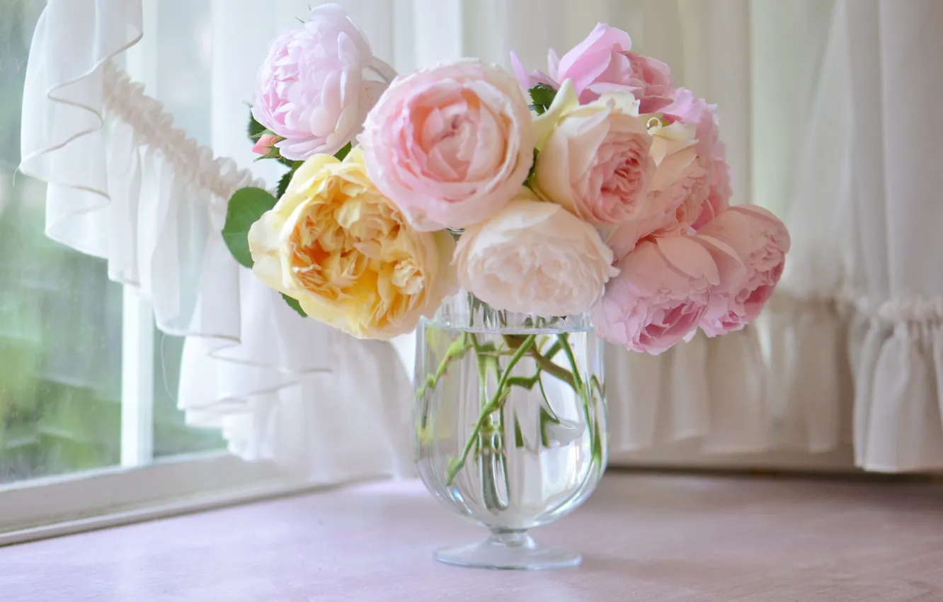 Photo wallpaper roses, bouquet, window, vase