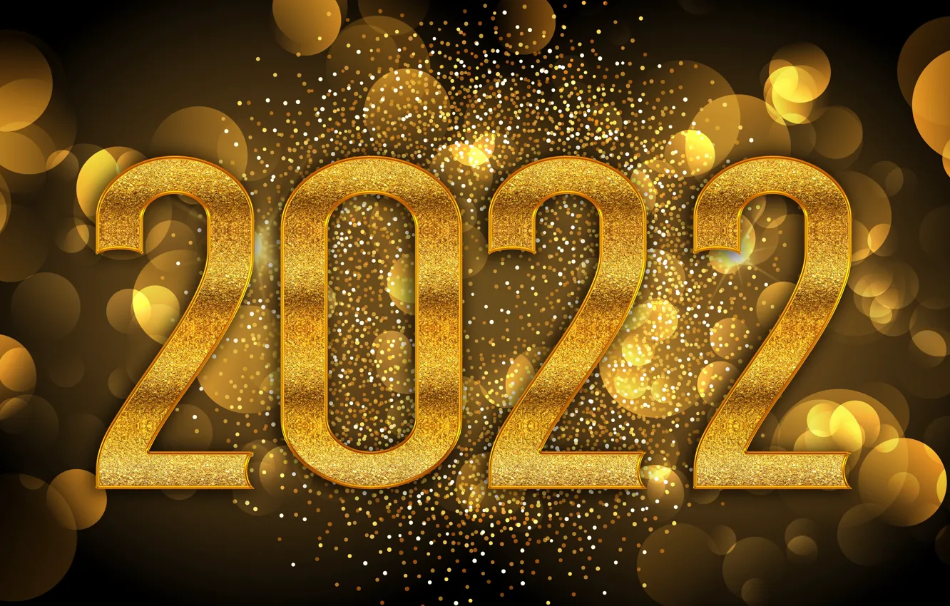 Photo wallpaper gold, figures, New year, golden, black background, new year, happy, bokeh